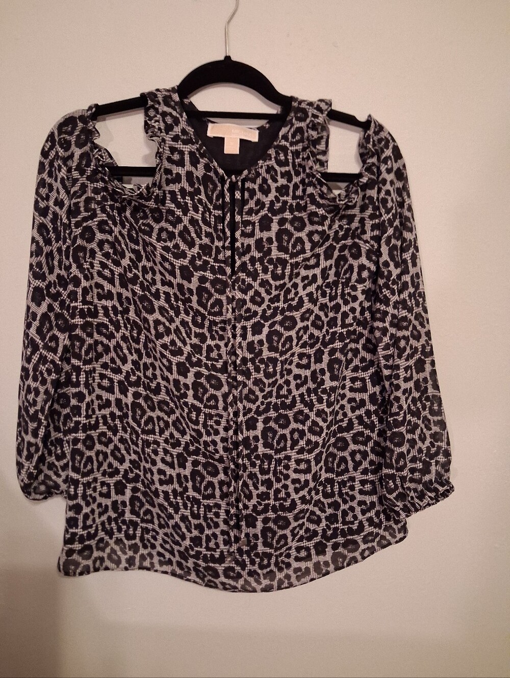 Michael Kors Cold-Shoulder Leopard Print Blouse in Black & Cream Size Medium